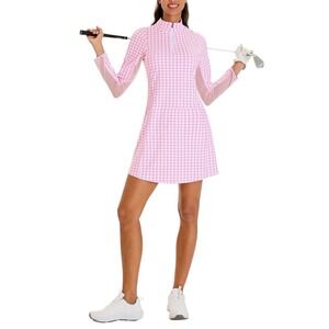 Soneven UPF 50+ Pink Houndstooth Long Sleeve Golf Dress *Broken Zip* Large NWT